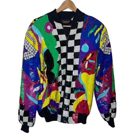 Gantos Vintage 1980s Womens Bomber Jacket Size Small Sequins Abstract Art - Picture 16 of 16